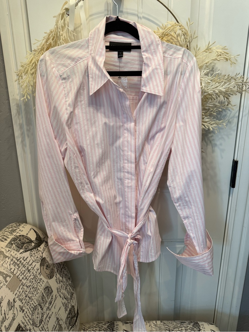 Lane Bryant Pink and White Striped Tie-Waist Button Down Shirt